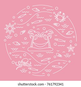 Cute vector illustration with octopus, fish, island with palm trees and a hammock, helm, waves, seashells, starfish, crab arranged in a circle. Design for banner, poster or print. 