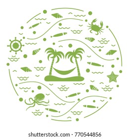 Cute vector illustration with octopus, fish, island with palm trees and a hammock, helm, waves, seashells, starfish, crab arranged in a circle. Design for banner, poster or print. 