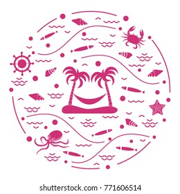 Cute vector illustration with octopus, fish, island with palm trees and a hammock, helm, waves, seashells, starfish, crab arranged in a circle. Design for banner, poster or print. 