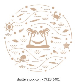 Cute vector illustration with octopus, fish, island with palm trees and a hammock, helm, waves, seashells, starfish, crab arranged in a circle. Design for banner, poster or print. 