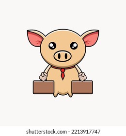 cute vector illustration of an office worker pig holding a suitcase