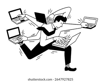 Ilustração vetorial bonito do trabalhador de escritório com muitas mãos trabalhando com muitos computadores laptop no conceito do trabalho multitarefa. Contorno, arte em linha fina, linear, desenho à mão esboço design, preto e branco, 