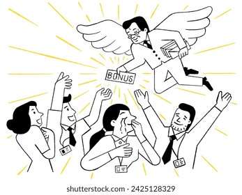 Cute vector illustration of office workers happy and celebration with receiving bonus from boss, who flying in the sky. Outline, thin line art, hand drawn sketch design.  