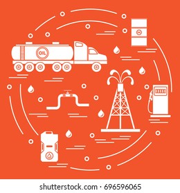 Cute vector illustration of  oil tanker, equipment for oil production, canister of gasoline, barrels with oil, gas station arranged in a circle. Design for poster or print.