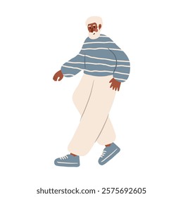 Cute vector illustration of an older man walking. A man with white hair in a blue striped sweater and white pants takes a gentle stroll. Elderly character in a relaxing park theme.