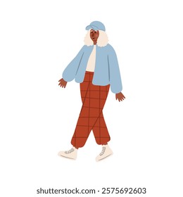 Cute vector illustration of an older woman in stylish clothing. A woman in a blue cap and plaid pants walks confidently. Vibrant representation of active seniors in modern attire.