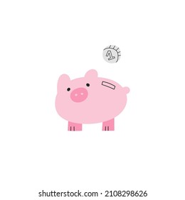 Ilustración vectorial de un tema serio de autopresupuesto y economía. Contabilidad de costos, ahorros, análisis, finanzas. Banca de cerdo con una moneda. Dinero para viajes, vivienda, hipoteca, necesidades futuras.