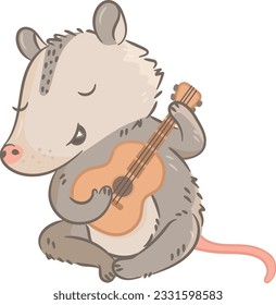 Cute Vector illustration opossum. Funny cartoon picture, clipart for children of smiling friendly opossum sitting. A humorous possum sticker. Kids design for fabric, textile, decor, cloth, prints.