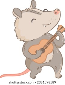 Cute Vector illustration opossum. Funny cartoon picture, clipart for children of smiling friendly opossum sitting. A humorous possum sticker. Kids design for fabric, textile, decor, cloth, prints.