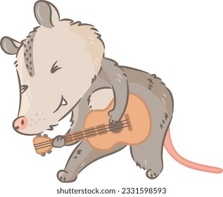 Cute Vector illustration opossum. Funny cartoon picture, clipart for children of smiling friendly opossum sitting. A humorous possum sticker. Kids design for fabric, textile, decor, cloth, prints.