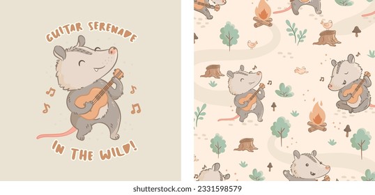 Cute Vector illustration opossum with guitar in the forest, wild. Concert. Fireplace. Vector cards, invitation, clipart for children. Sticker, pattern design. Kids design for fabric, textile, decor