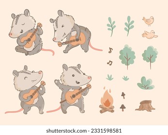 Cute Vector illustration opossum with guitar in the forest, wild. Concert. Fireplace. Vector cards, invitation, clipart for children. Sticker, pattern design. Kids design for fabric, textile, decor