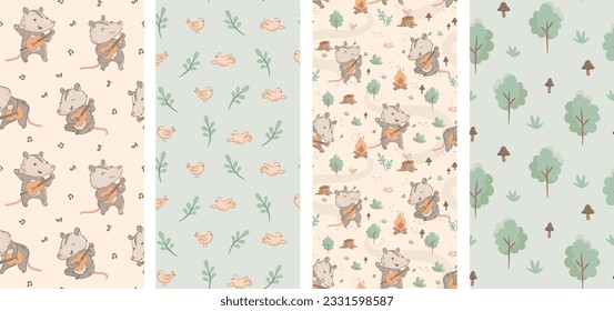 Cute Vector illustration opossum with guitar in the forest, wild. Concert. Fireplace. Vector cards, invitation, clipart for children. Sticker, pattern design. Kids design for baby shower. Musician