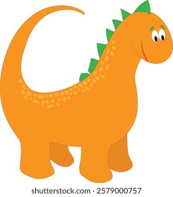 Cute vector illustration of an orange cartoon dinosaur smiling. It has green spikes and yellow spots.