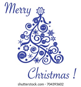 Cute vector illustration of original Christmas tree decorated with buttons and snowflakes. Card for winter holidays. Template for design, greeting card, invitation.