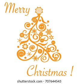 Cute vector illustration of original Christmas tree decorated with buttons and snowflakes. Card for winter holidays. Template for design, greeting card, invitation.