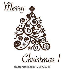 Cute vector illustration of original Christmas tree decorated with buttons and snowflakes. Card for winter holidays. Template for design, greeting card, invitation.