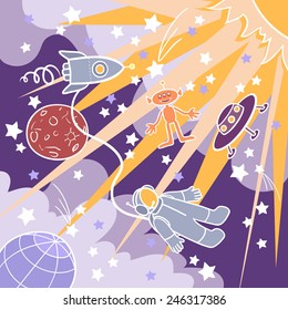 Cute vector illustration outer space. Illustration of space rocket ship and astronaut on dark background of starry sky. Spaceships, astronaut, ufo, stars, moon, sun and earth on space background.