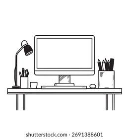 cute vector illustration outline of desktop with colorful led accents