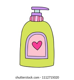 Cute vector illustration with outlines of the liquid soap bottle or any other cosmetic or medicine product with dispenser.