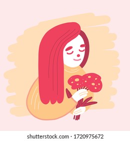 Cute vector illustration of an oversized meditating woman with doodle decorative flowers. Minimalist flat character. colors pink and yellow. Girl on a sunset background with a bouquet of flowers.  