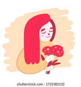 Cuta ilustración vectorial de una mujer meditadora de gran tamaño con flores decorativas de doodle. Carácter plano minimalista. colores rosa y amarillo. Chica sobre un fondo de puesta de sol con un ramo de flores. 