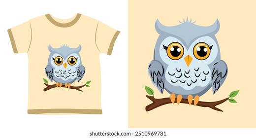 Cute vector illustration of a Owl bird or cat T-shirt design for kids or new baby off white color background or off white T-shirt with Owl bird or cute cartoon of Owl bird banner design 