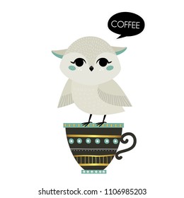 Cute vector illustration with owl and coffee. Postcards, posters, stickers. Coffee drink.