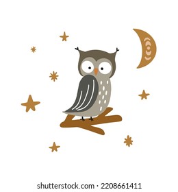 Cute vector illustration with an owl on a white background. Poster for decorating nursery and textiles