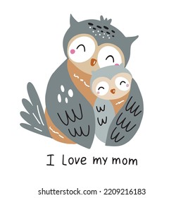 Cute vector illustration with owls isolated on white background. Mother owl and baby owlet. To decorate nursery and textiles