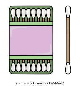 Linda Ilustración vectorial de un paquete de hisopos de algodón y un solo hisopo, con un área de etiqueta de color púrpura pastel.