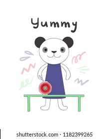 Cute vector illustration, panda in cartoon linear style with realistic pink button jar detail with hand drawn lettering word Yummy. Scrapbook element. Art card for nursery, kids room poster background