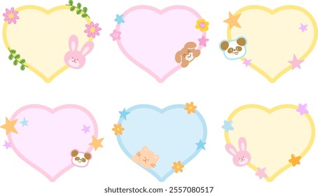 Cute vector illustration of panda, cat, bunny, puppy, flowers with heart shaped blank space for name tag, text bubble, sticker, animal print, memo note, sticky note, notepads, paper design, zoo