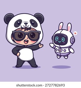 Linda Ilustración vectorial de un niño disfrazado de panda y robot de orejas de conejo con burbuja de corazón sobre fondo púrpura claro