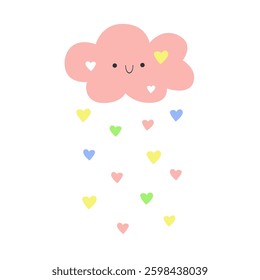 Cute vector illustration of a pastel pink smiling cloud with falling colorful heart rain, perfect for baby decor, children's prints, nursery wall art, and dreamy weather-themed designs