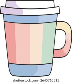 Ilustração vetorial bonito de uma xícara de café em arco-íris pastel com contornos pretos grossos. Perfeito para adesivos, impressões digitais, mercadorias e elementos de design estético. Estilo de desenho animado plano com cores suaves