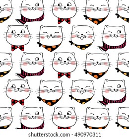 Cute vector illustration pattern background with happy face cats in Halloween season and beauty scarfs.Doodle style.