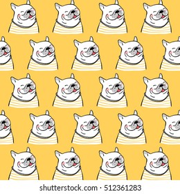 Cute vector illustration pattern background of pug dog and beauty sweater in yellow background,doodle style.