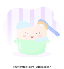 Ilustración vectorial de la odontología pediátrica. Limpieza de dientes