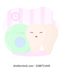 Cute Vector Illustration For Pediatric Dentistry. Flossing Teeth
