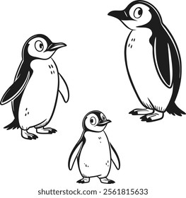 A cute vector illustration of a penguin in black, featuring a simple and playful design. The penguin is characterized by its rounded body, expressive eyes, and minimalistic style, making it a charming