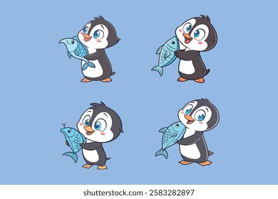 A cute vector illustration of a penguin and a fish, featuring simple shapes and bold colors for a playful, friendly look.