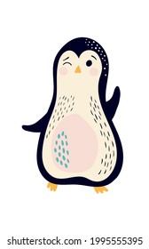 Cute vector illustration with penguin isolated on white background. Cartoon character in simple hand drawn style for nursery decor, baby clothes, baby shower decor, textile, wallpaper.