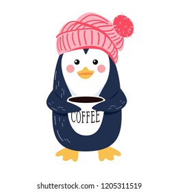 Cute vector illustration of penguin in a knitted hat with a pompon and with a cup of coffee isolated on white background. Flat icon design.