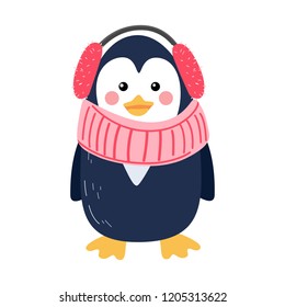 Cute vector illustration of penguin in a knitted scarf and fur headphones isolated on white background. Flat icon design.