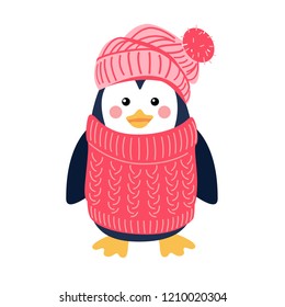 Cute vector illustration of penguin in a knitted sweater and knitted hat isolated on white background. Flat icon design.