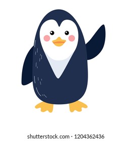 Cute vector illustration of penguin with welcomes wing isolated on white background. Flat icon design.