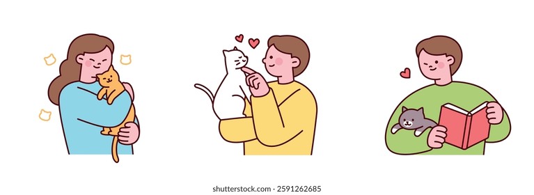 Cute vector illustration of people cuddling, playing, and reading with their pet cats. Heartwarming moments of bonding and affection between humans and their feline friends.