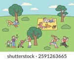 Cute vector illustration of people enjoying a park. Families having a picnic, reading, jogging, and spending quality time outdoors in a relaxing and happy atmosphere.