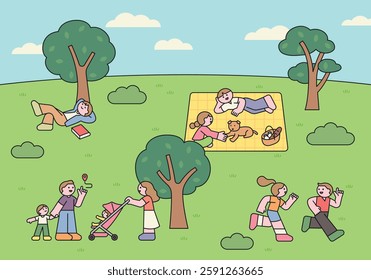 Cute vector illustration of people enjoying a park. Families having a picnic, reading, jogging, and spending quality time outdoors in a relaxing and happy atmosphere.